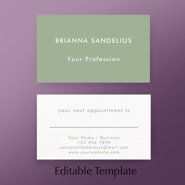 Moderne einfache Salbeigrüne individuelle Geschäft Terminkarte (Add your custom text to this modern sage green appointment card template.
)