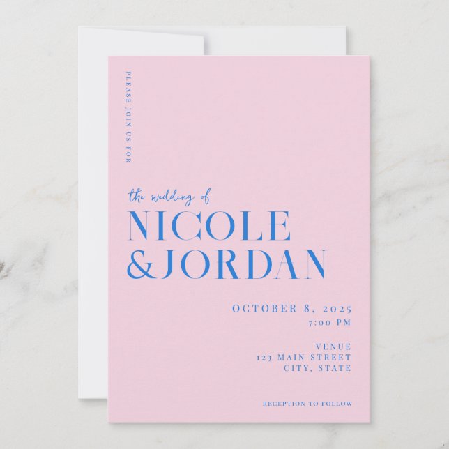 Moderne einfache, schicke rosa blaue Hochzeit Einladung (Vorderseite)