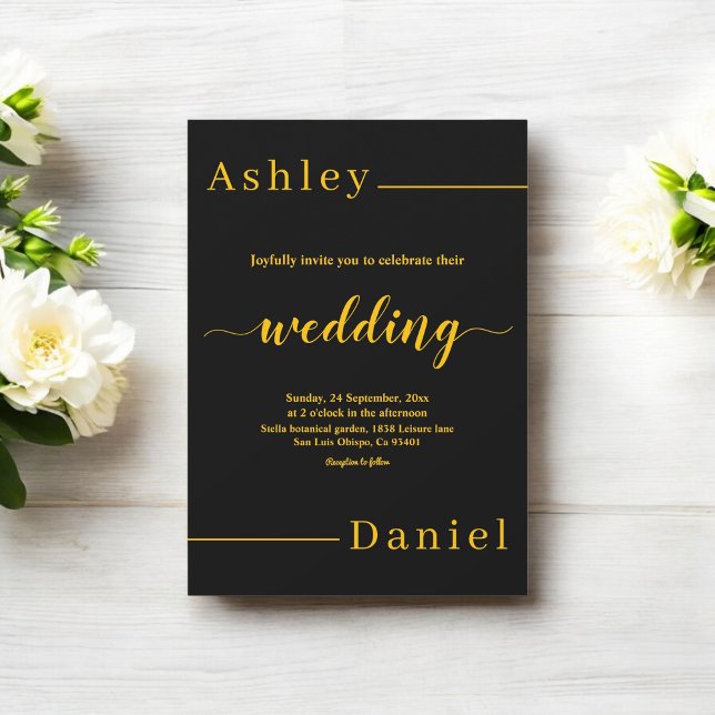 Moderne, einfache Schwarz-Gold-Hochzeit mit elegan Einladung (Von Creator hochgeladen)