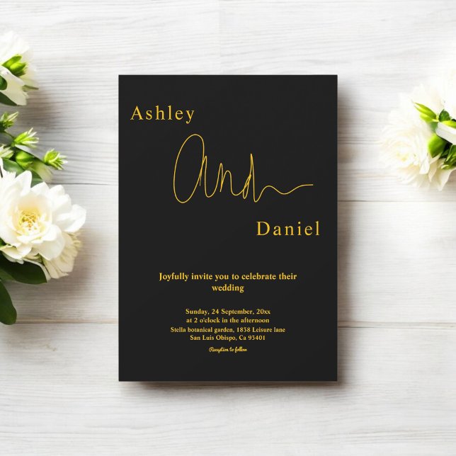 Moderne, einfache Schwarz-Gold-Hochzeit mit elegan Einladung (Von Creator hochgeladen)