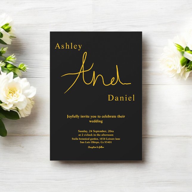 Moderne, einfache Schwarz-Gold-Hochzeit mit elegan Einladung (Von Creator hochgeladen)