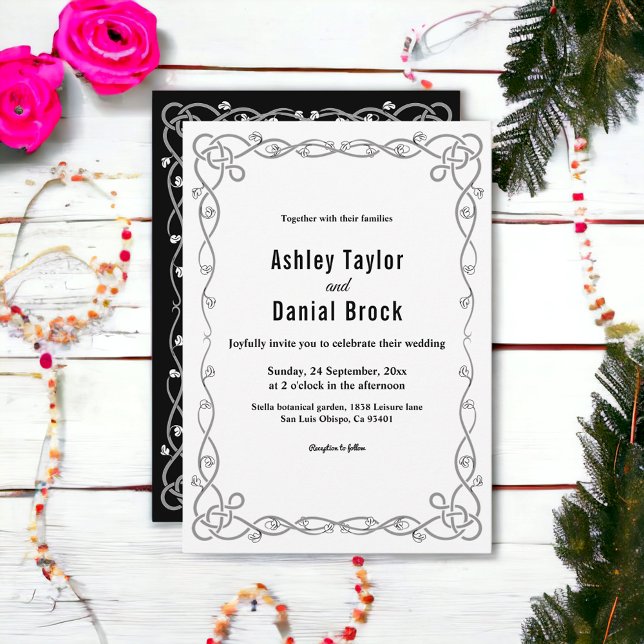 Moderne einfache Schwarz-Weiß-Boho-Blumenhochzeit Einladung (Von Creator hochgeladen)