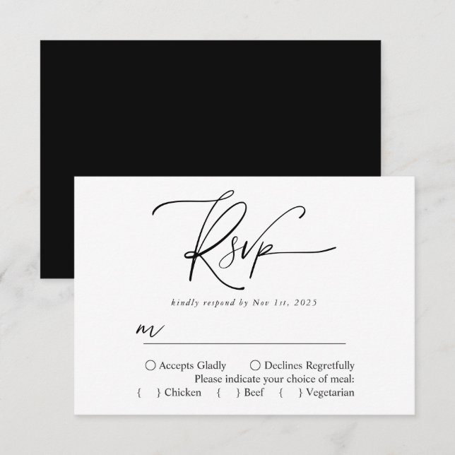 Moderne einfache Schwarz-Weiß-Elegantkalligraphie RSVP Karte (Vorne/Hinten)