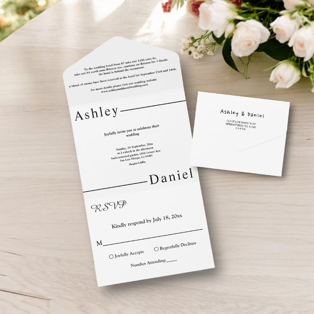 Moderne, einfache Schwarz-Weiß-Hochzeit All In One Einladung (Von Creator hochgeladen)