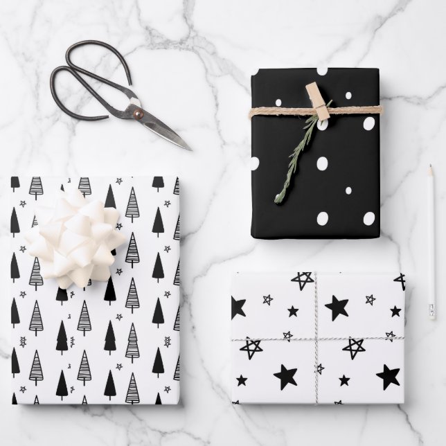 Moderne, einfache Schwarz-Weiß-Weihnachten Geschenkpapier Set (Vorderseite)