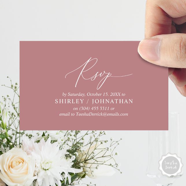 Moderne einfache Schwarze Kalligrafie, Hochzeitssz Begleitkarte (Wedding Dinner Invitation RSVP Enclosed Card, Online, Email, Modern Romantic, in Dusty Rose Pink )