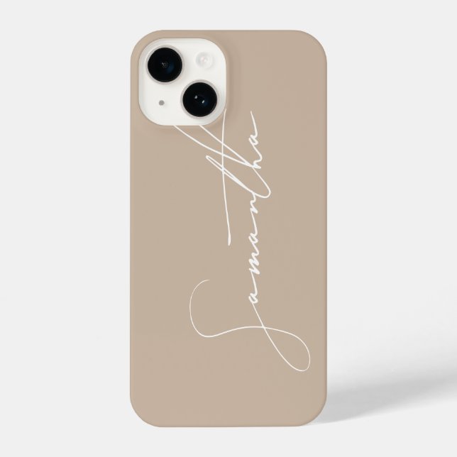 Moderne einfache Signatur Script Calligraphy Beige iPhone 14 Hülle (Rückseite)