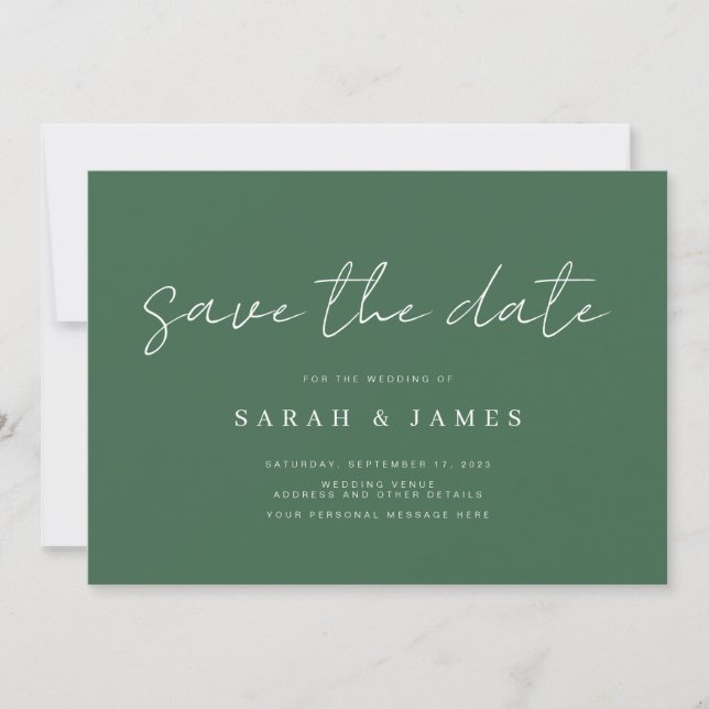 Moderne, einfache Smaragdgrüne Hochzeit rettet das Save The Date (Vorderseite)