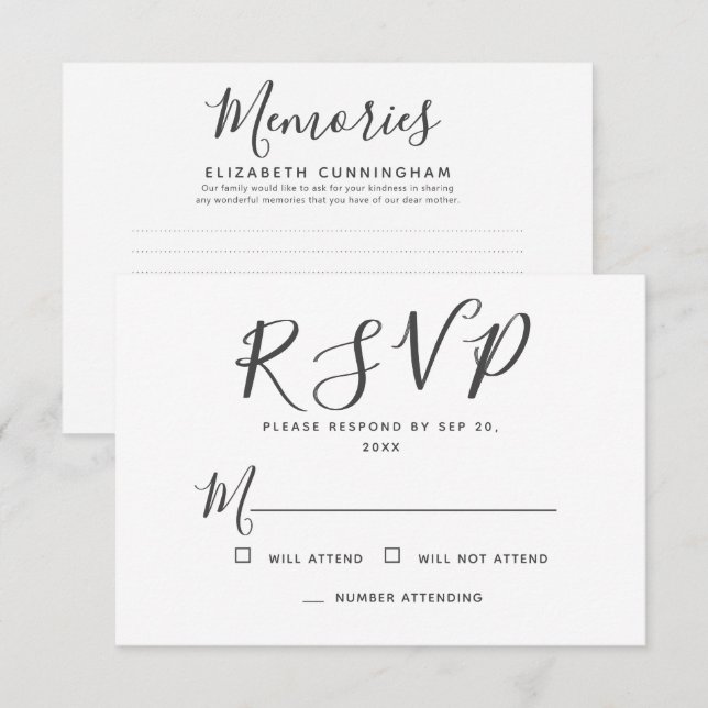 Moderne einfache Typografie-Erinnerungen Gedenkant RSVP Karte (Vorne/Hinten)