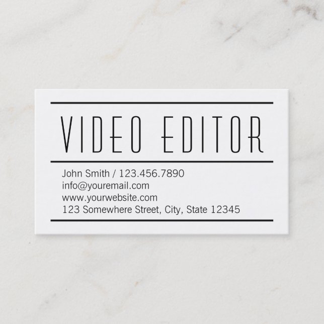 Moderne einfache Videoherausgeber-Visitenkarte Visitenkarte (Vorderseite)