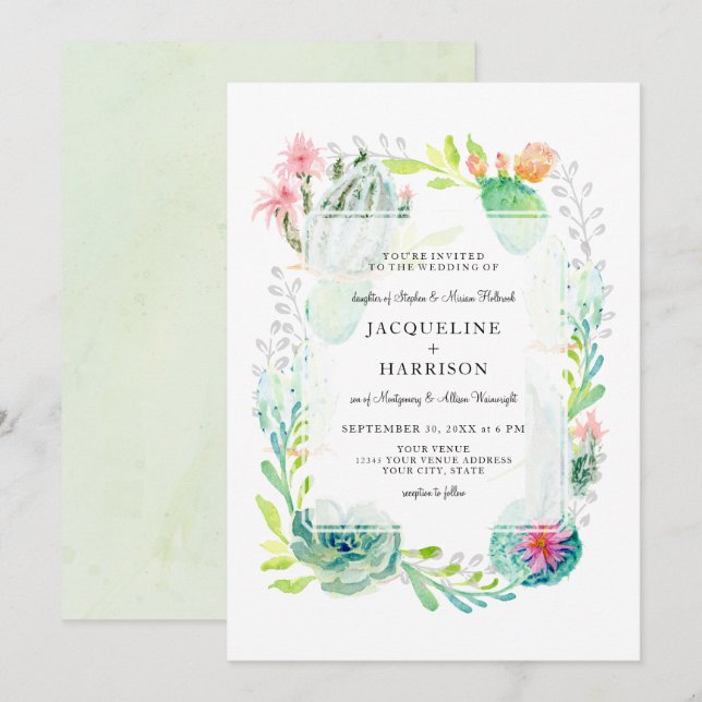 Moderne einfache Watercolor Wüste Cactus Floral Ar Einladung (Vorne/Hinten)