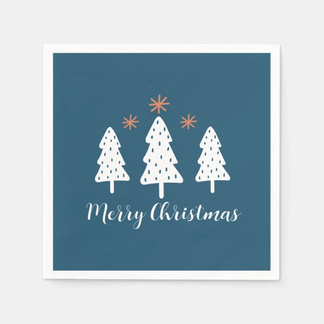 Moderne einfache Weihnachtsbäume und Sterne Blau Serviette (Vorderseite)