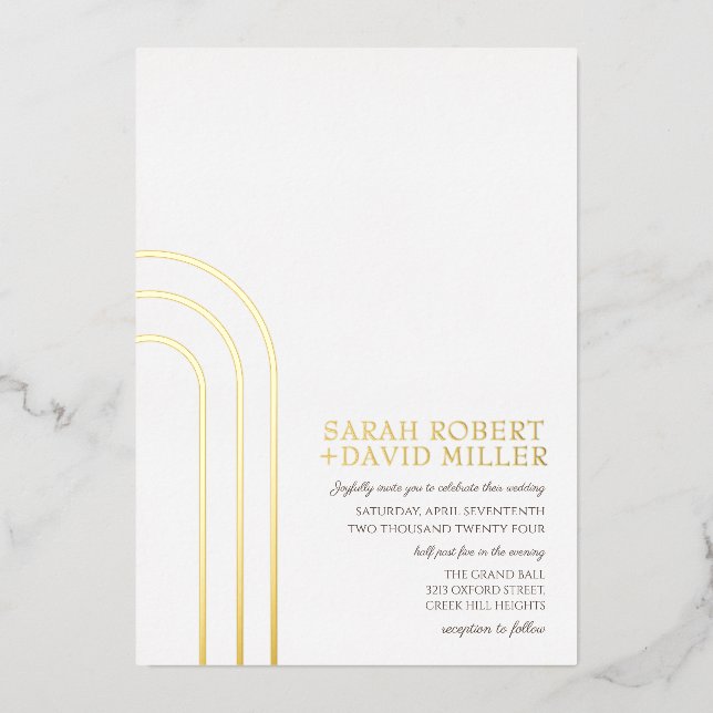 Moderne, einfache, weiße Hochzeit Folieneinladung (Vorderseite)