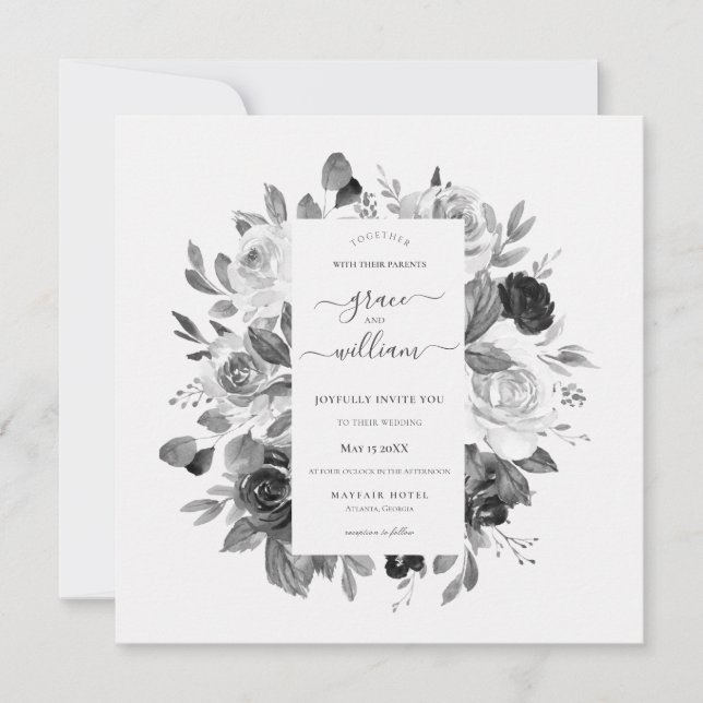 Moderne, einfarbige Hochzeit auf dem weißen Blumen Einladung (Vorderseite)