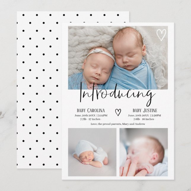 Moderne Einführung von Drehbuch 3 Foto Baby-Zwilli Ankündigung (Vorne/Hinten)