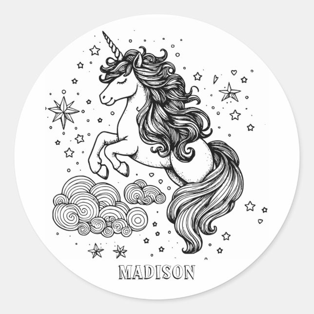 Moderne Einhornkids Personalisierte Färbung Runder Aufkleber (Vorderseite)