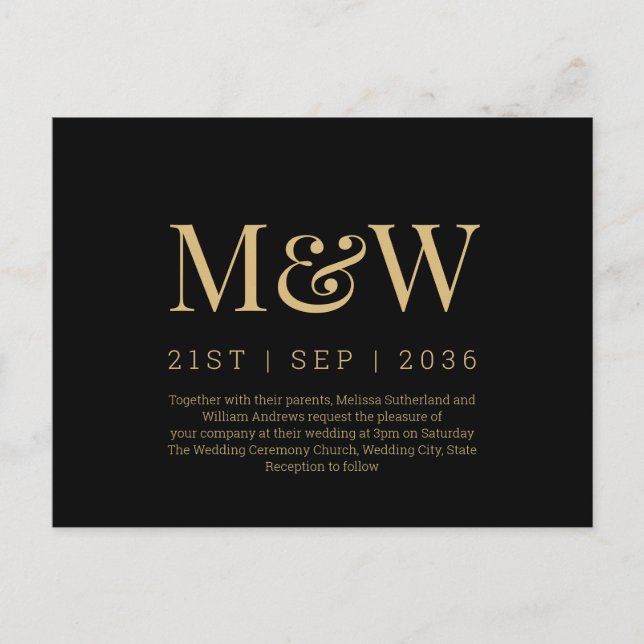 Moderne Einladung zur Black Gold Hochzeit Postkarte (Vorderseite)