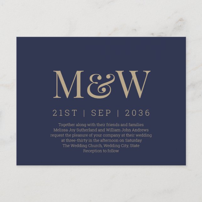 Moderne Einladung zur Hochzeit der Marine Postkarte (Vorderseite)