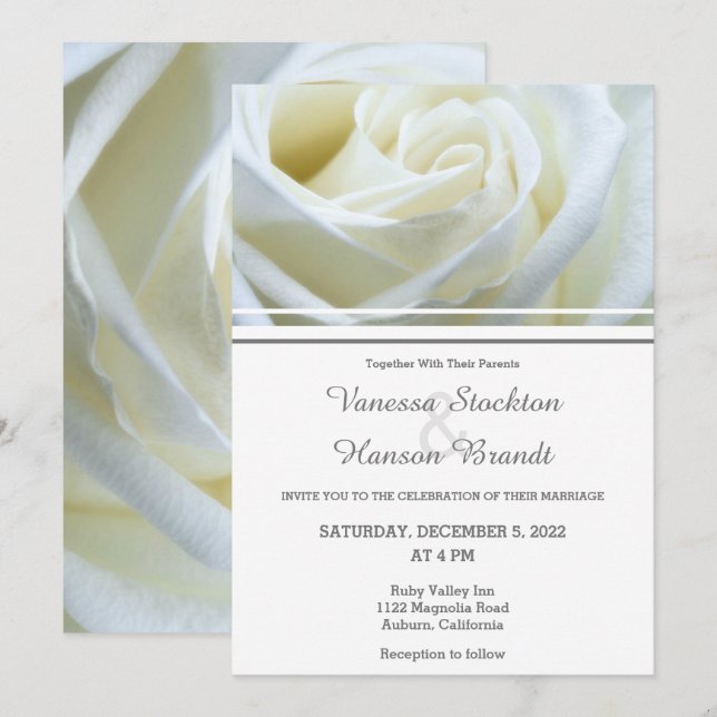 Moderne Einladung zur Hochzeit von White Rose (Vorne/Hinten)