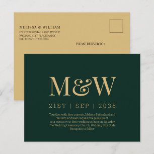Moderne Einladung zur Mongram Green Gold Hochzeit Postkarte