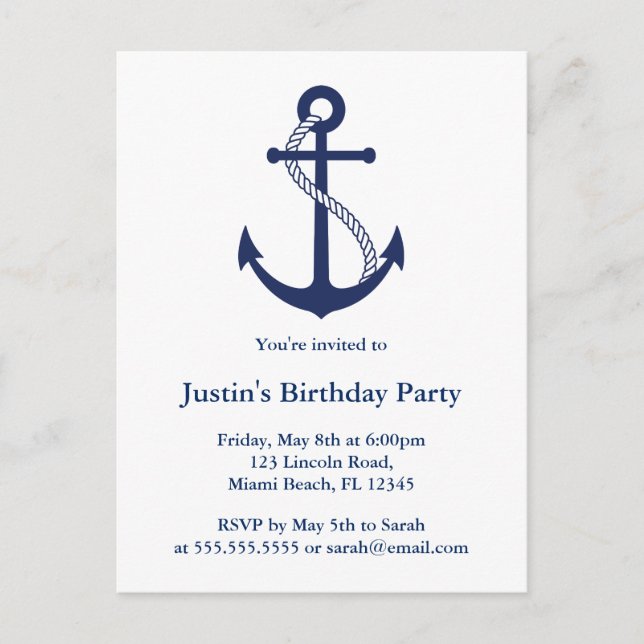 Moderne Einladungen der Nautical Navy Blue Anchor (Vorderseite)