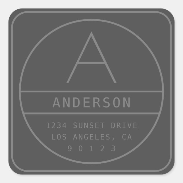 Moderne, einzigartige Grau-Adresse und Monogramm Quadratischer Aufkleber (Vorderseite)