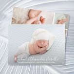 Moderne Elegance Baby Boy Foto Geburtserklärung<br><div class="desc">Elegant süße Geburtsankündigungen zeigen Ihr liebstes neugeborenes Foto in voller Blutung, den Namen Ihres Babys und die Geburtsstatistiken in weißer, schicker Schrift. Eine Foto-Collage und die Namen der Eltern auf der Rückseite. *TIPP: Sie können die 2 quadratischen Fotos auf der Rückseite vergrößern, BEVOR Sie sie für eine einfache Platzierung hochladen....</div>