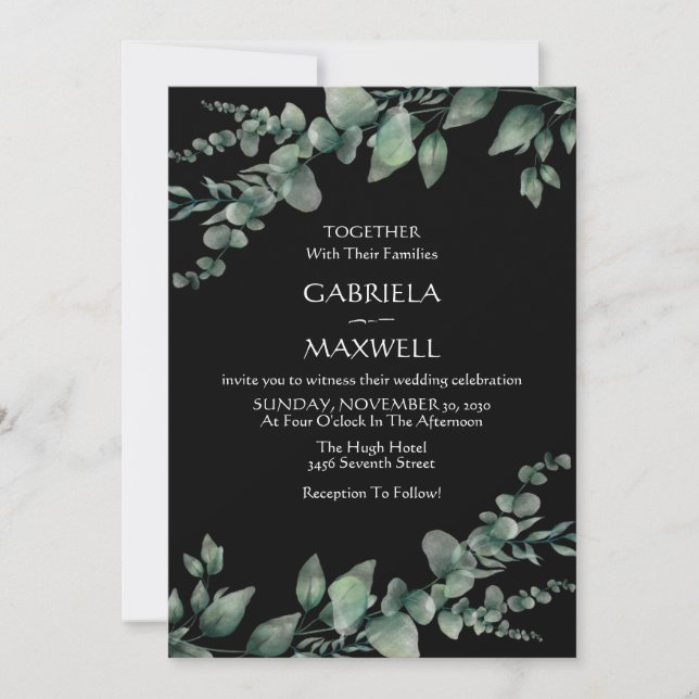 Moderne Elegance Black Eucalyptus Wedding Einladung (Vorderseite)