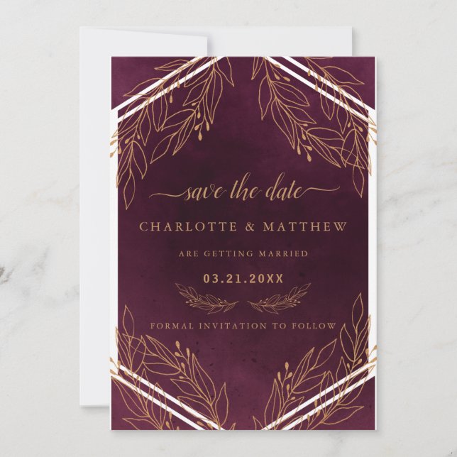 Moderne Elegance Burgund und Gold Save The Date (Vorderseite)