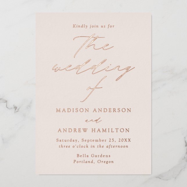 Moderne Elegance Creme and Rose Folieneinladung (Vorderseite)