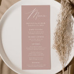 Moderne Elegance Dusty Rose Wedding Menükarte<br><div class="desc">Einfaches und elegantes Hochzeitsmenü mit "Menu",  das in einem modernen,  weißen Skript mit einem staubigen Hintergrund der Rose oder der Farbe Ihrer Wahl angezeigt wird. Personalisieren Sie das staubige Hochzeitsmenü der Rose,  indem Sie Ihre Namen,  das Hochzeitdatum und Menüinformationen hinzufügen. Entworfen,  um mit unserer Hochzeitskollektion "Moderne Elegance" zu koordinieren.</div>