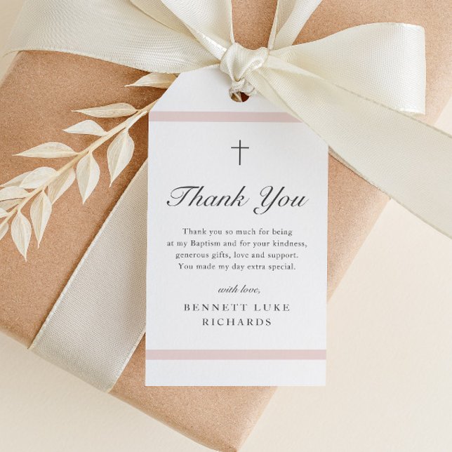 Moderne Elegance Girls Taufe Vielen Dank Geschenkanhänger (Modern girls baptism thank you favor tag with pink bars and elegant script typography.)