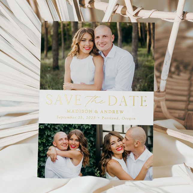Moderne Elegance Gold 3 Foto Save the Date Folieneinladung (Von Creator hochgeladen)