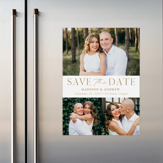 Moderne Elegance Gold Drei Foto Save the Date Magneteinladung (Von Creator hochgeladen)