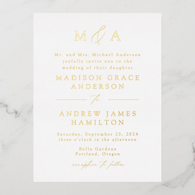 Moderne Elegance Gold Monogram Wedding Folie Einladungspostkarte (Vorderseite)