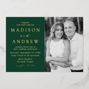 Moderne Elegance Green and Gold Foto Wedding Folieneinladung