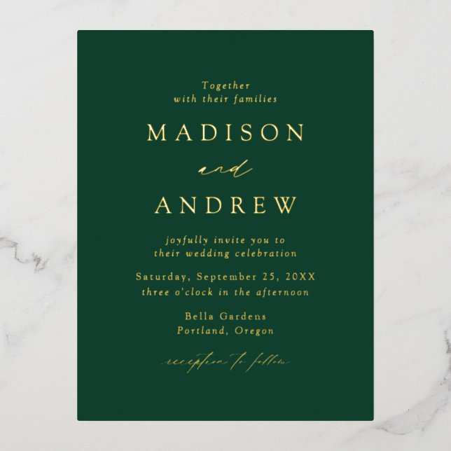 Moderne Elegance Green and Gold Wedding Folie Einladungspostkarte (Vorderseite)