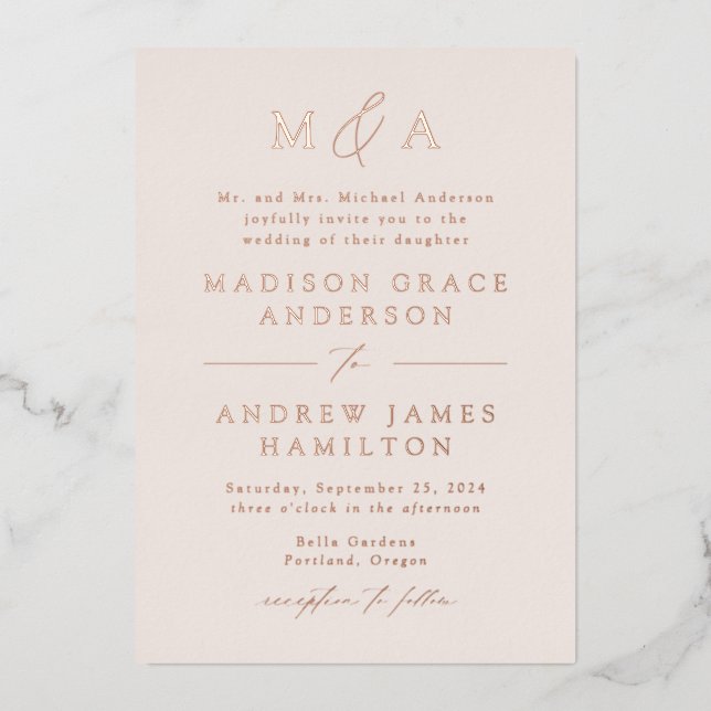 Moderne Elegance Rose Gold Monogram Wedding Folieneinladung (Vorderseite)