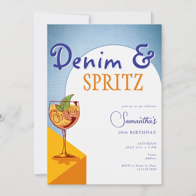Moderne Elegant Arch Denim & Spritz Sommer Geburts Einladung (Vorderseite)