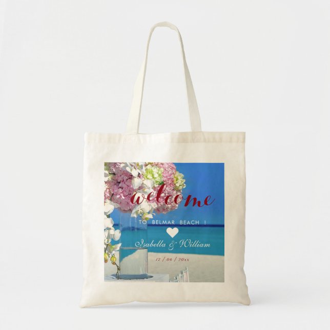 Moderne Elegant Beach Wedding Willkommensgruß Tragetasche (Vorne)