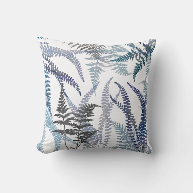 Moderne Elegant Blue Fern Blätter Abstrakt Kissen (Vorderseite)