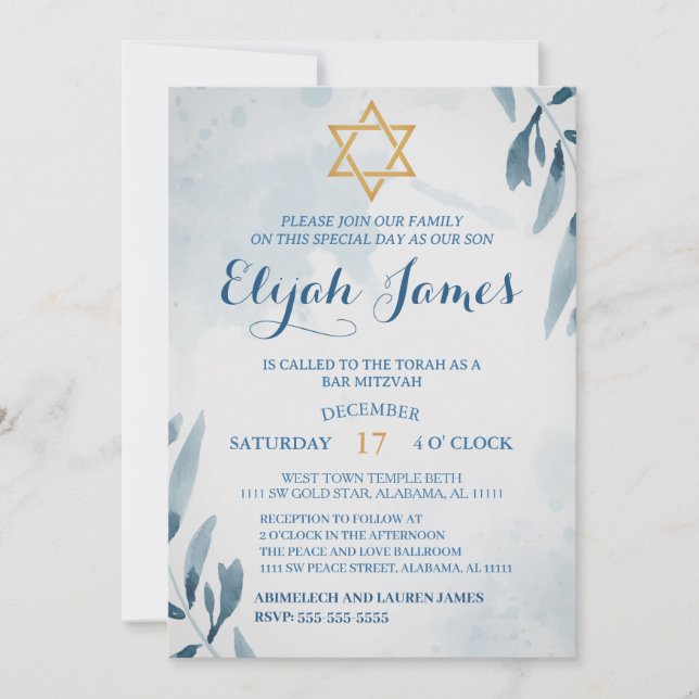 Moderne Elegant Blue Gold Star von David Bar Mitzv Einladung (Vorderseite)