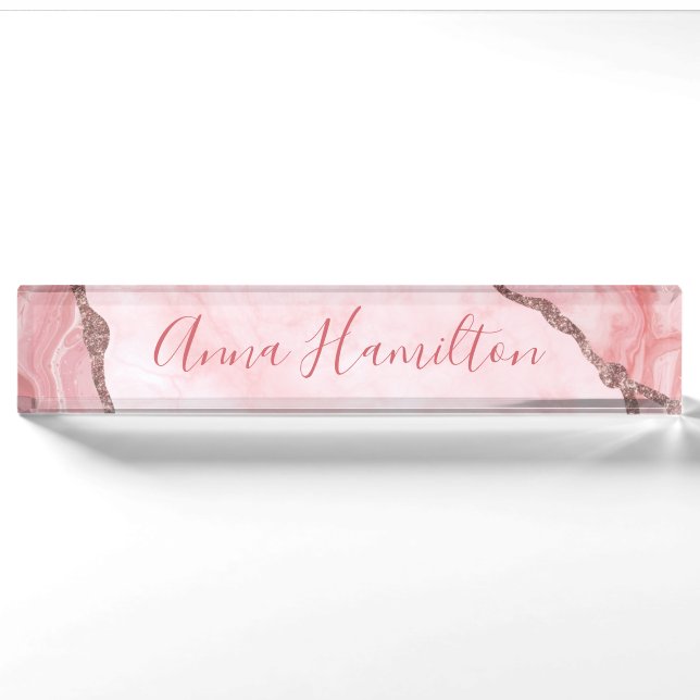 Moderne Elegant Blush Pink Agate Geode Namensplakette (Vorderseite)