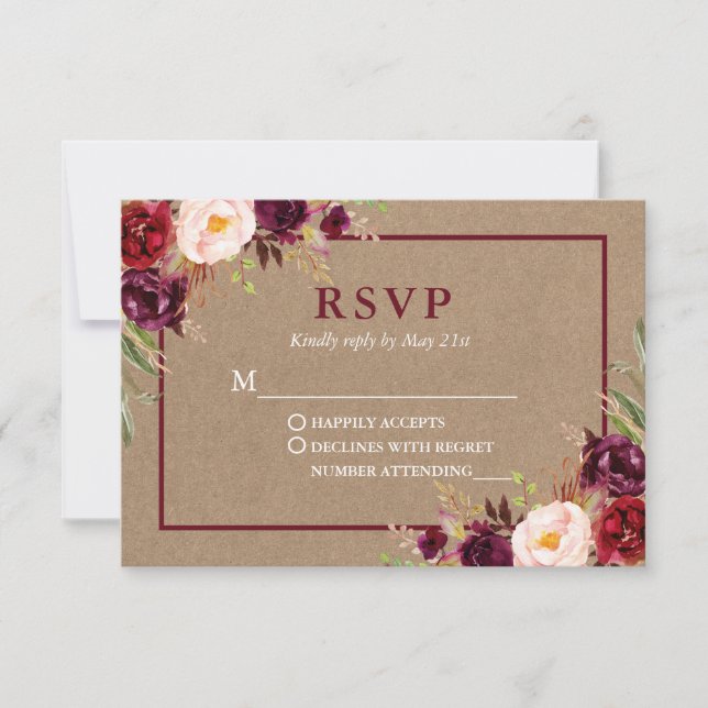 Moderne Elegant Burgundy Floral Wedding Kraft RSVP Karte (Vorderseite)