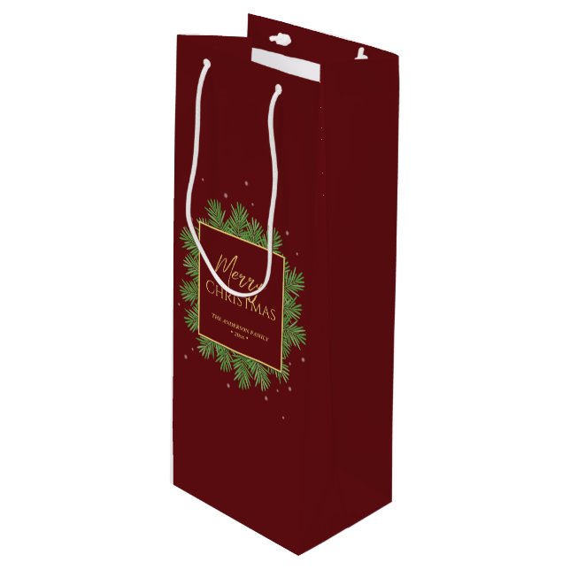 Moderne Elegant Burgundy Rotes Weihnachtsfest Bota Geschenktüte Für Weinflaschen (Vorderseite Schrägansicht)
