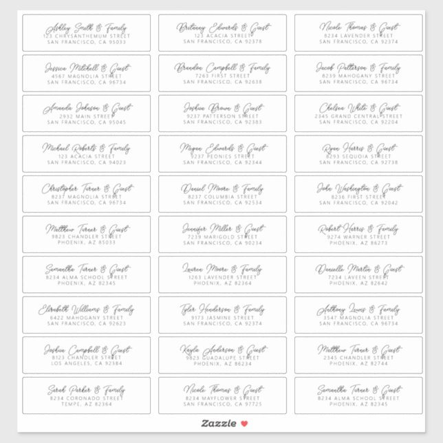 Moderne Elegant Chic Wedding Guest Names Adresse Aufkleber (Blatt)