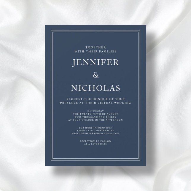 Moderne Elegant Classic Navy Blue Virtual Wedding Einladung (Front / Modern Elegant Classic Navy Blue Virtual Wedding Invitation)