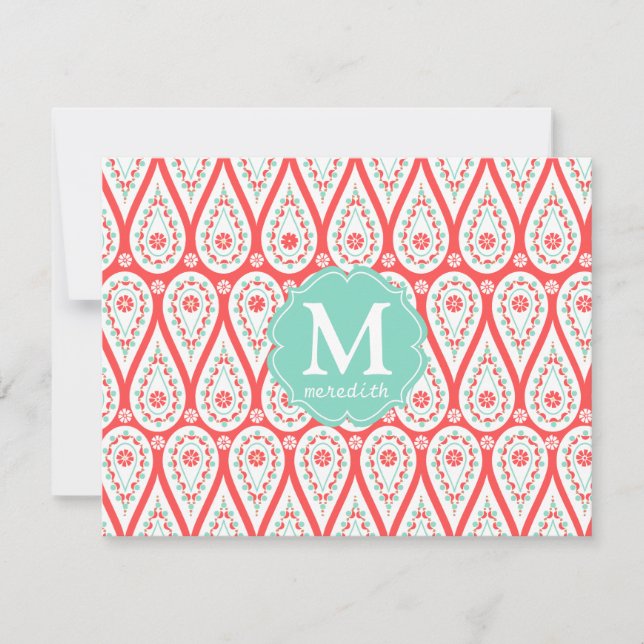 Moderne Elegant Damask Coral Paisley Personalisier Einladung (Vorderseite)