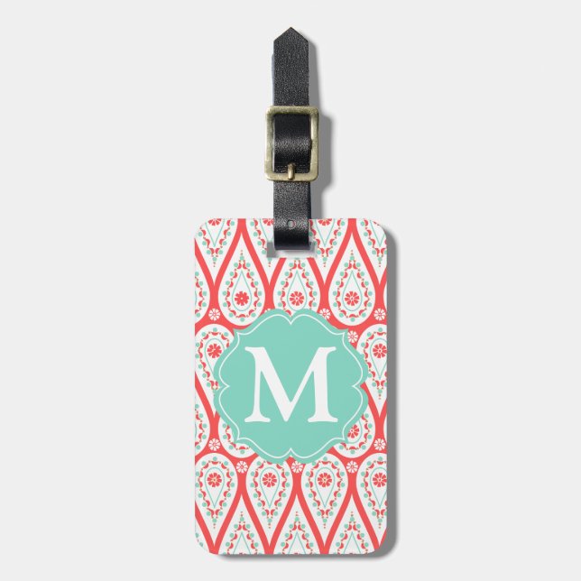 Moderne Elegant Damask Coral Paisley Personalisier Gepäckanhänger (Vorderseite vertikal)
