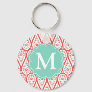 Moderne Elegant Damask Coral Paisley Personalisier Schlüsselanhänger
